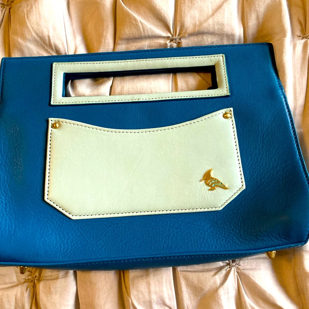 Women’s one odd bird blue leather handbag